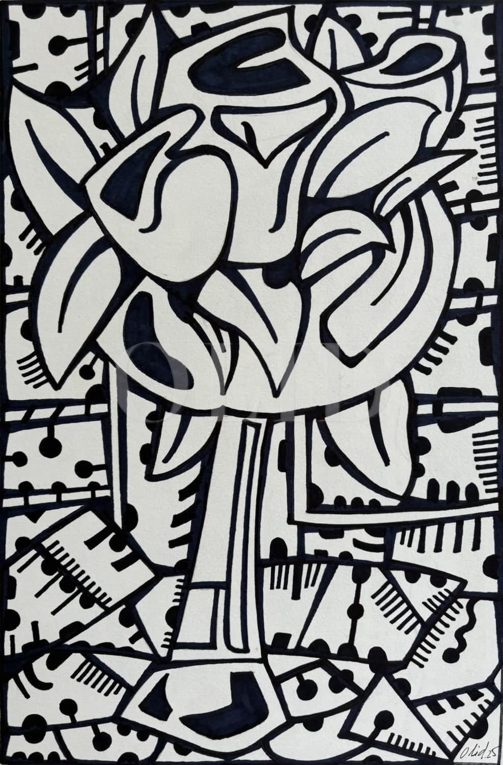 Flor sobre mosaico — Tinta sobre papel