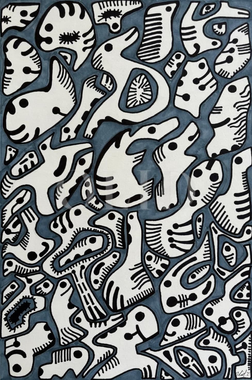 Fondo gris azul — Tinta y aguada sobre papel
